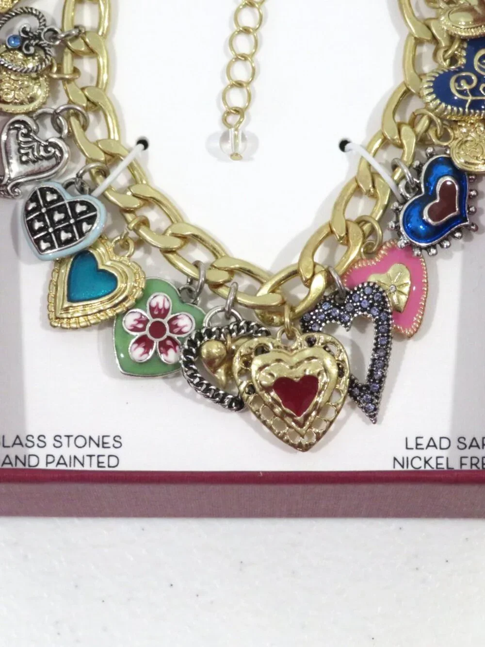 Piper K Heart Charm Bracelet Glass Stones Hand Painted Gold Tone NIB